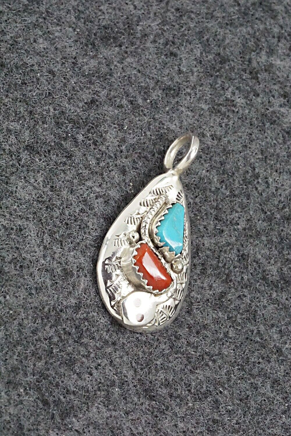 Turquoise, Coral and Sterling Silver Pendant - Joy Calavaza
