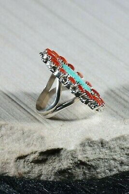 Navajo Turquoise Coral and Sterling Silver Ring Eric and Justina Wilson - Size 7 - High Lonesome Trading