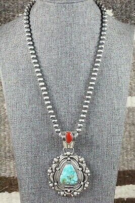 Turquoise, Coral Pendant & Sterling Silver Necklace - Tom Lewis