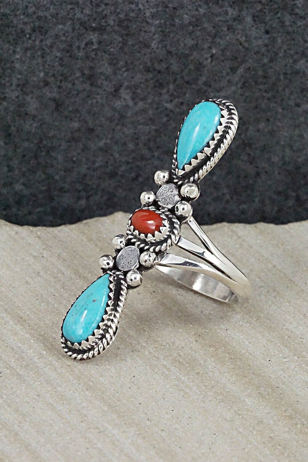 Turquoise, Coral & Sterling Silver Ring - Andrew Vandever - Size 7.75