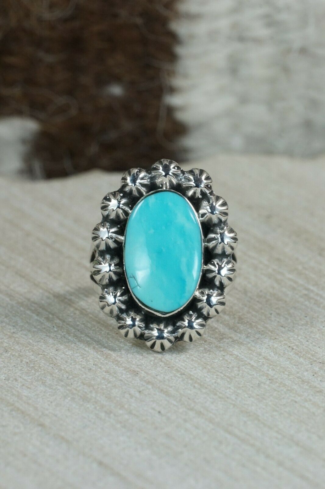 Navajo Turquoise and Sterling Silver Ring - Freida Martinez - Size 8
