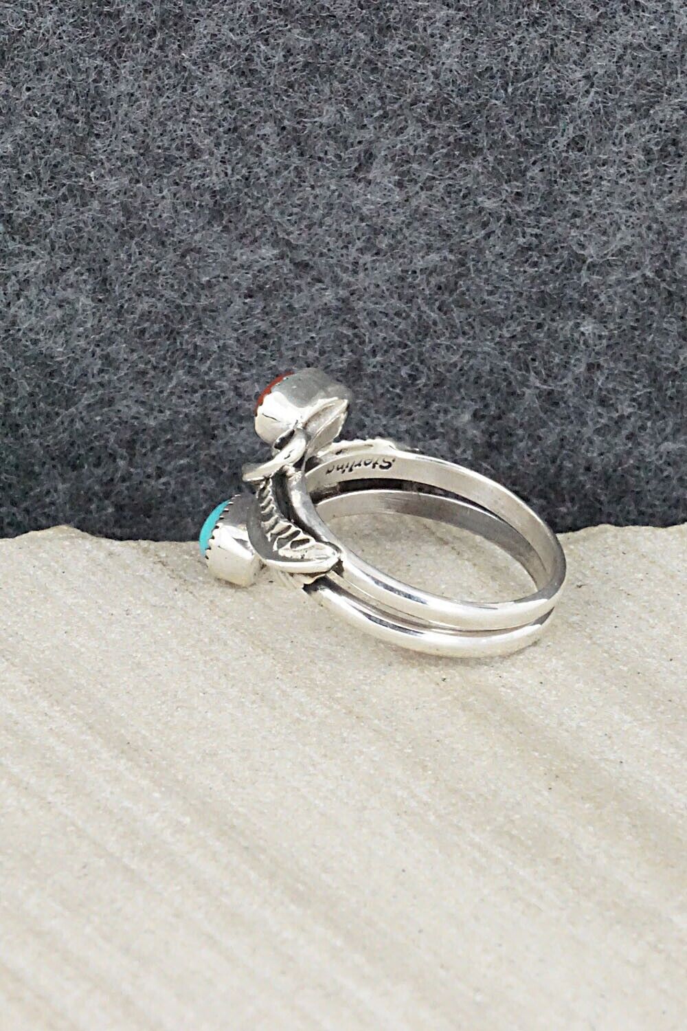 Turquoise, Coral & Sterling Silver Ring - Harry Yazzie - Size 6.5