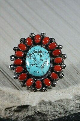 Navajo Turquoise, Coral and Silver Ring - Annie Chapo - Size 10.5 - High Lonesome Trading