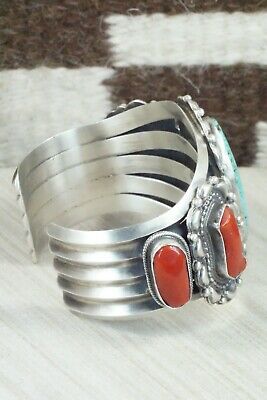 Turquoise, Coral and Sterling Silver Bracelet - Tom Lewis