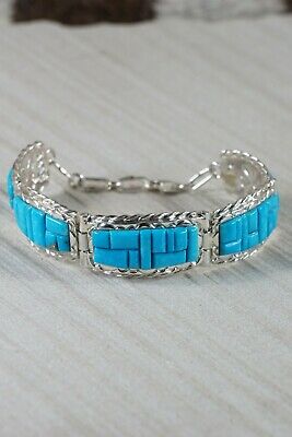 Zuni Turquoise & Sterling Silver Link Bracelet - Bevis Tsadiasi - High Lonesome Trading