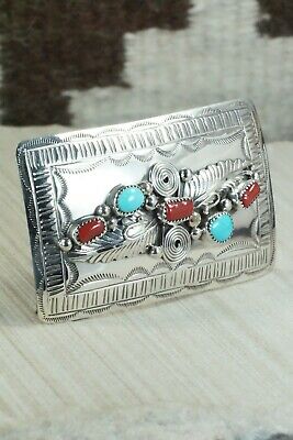 Turquoise, Coral & Sterling Silver Belt Buckle - Wilbur Myers