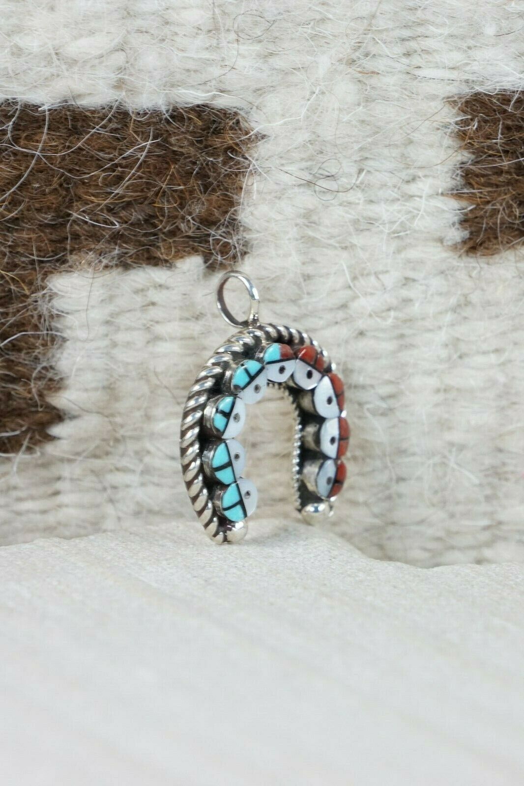 Zuni Turquoise and Coral Sterling Silver Sunface Pendant - Janice Lalio - High Lonesome Trading