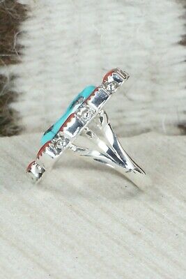 Turquoise & Coral Sterling Silver Ring - Roberta Begay - Size 5.75