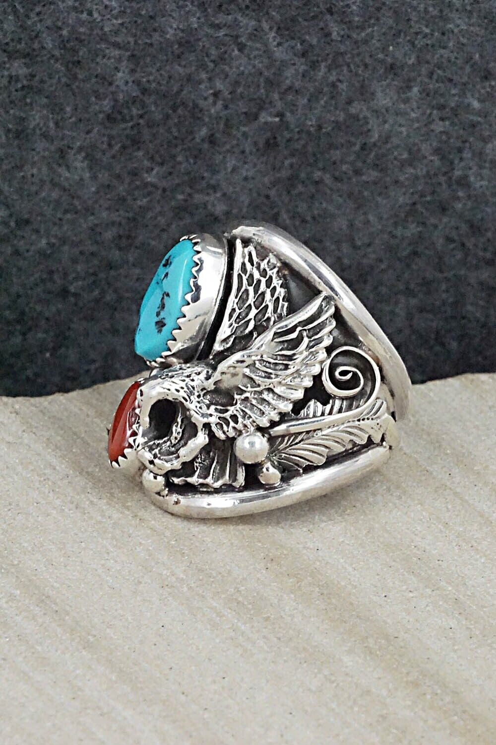 Turquoise, Coral & Sterling Silver Ring - Jeannette Saunders - Size 9.25