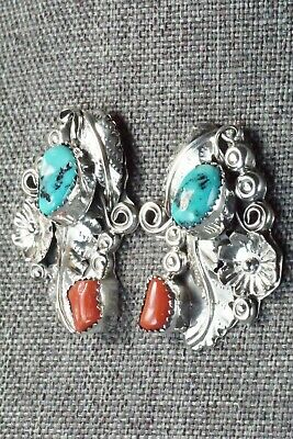Turquoise, Coral & Sterling Silver Earrings - Harry B Yazzie