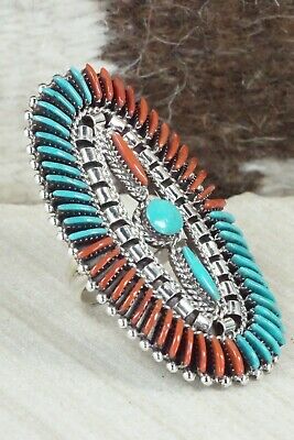 Turquoise, Coral and Sterling Silver Ring - Edmund Cooeyate - Size 7.5