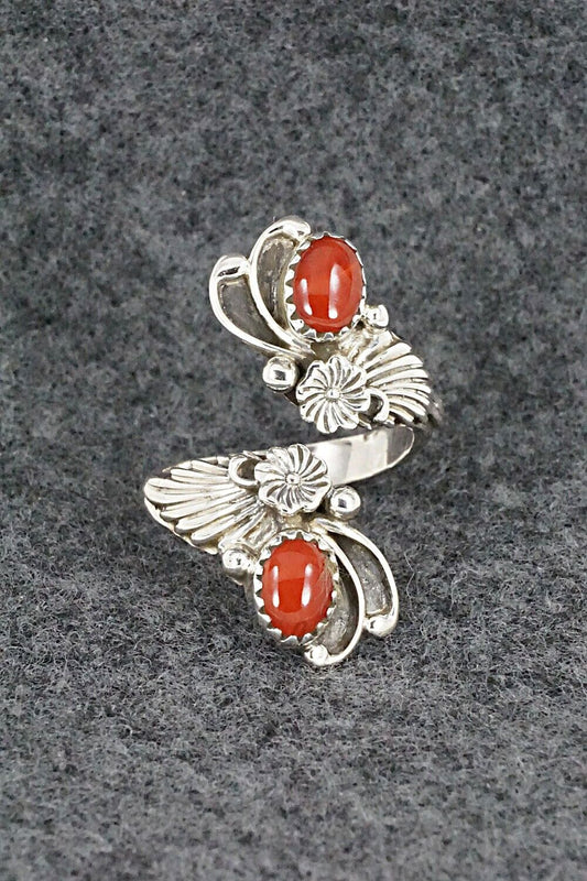 Coral and Sterling Silver Ring - Etta Belin - Size 6.5