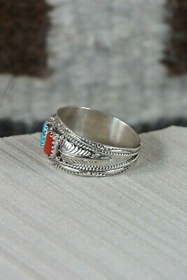 Navajo Turquoise & Coral Sterling Silver Ring - Harrison & Betty Begay - 13.75 - High Lonesome Trading