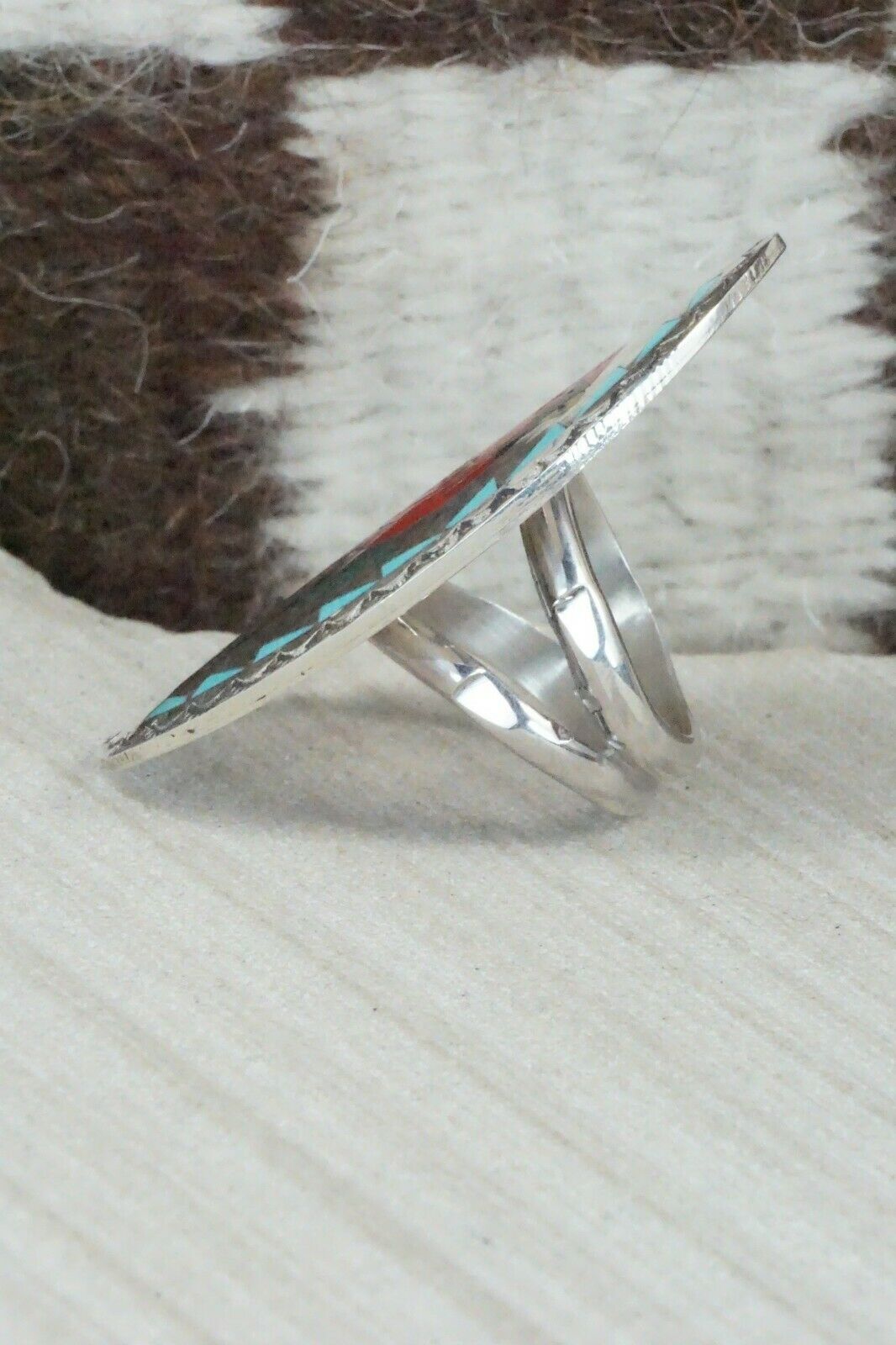 Inlay Coral & Sterling Silver Ring - Quintin Quam - Size 7.5