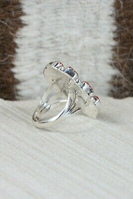 Navajo Turquoise, Coral & Sterling Silver Ring - Roberta Begay - Size 6.5