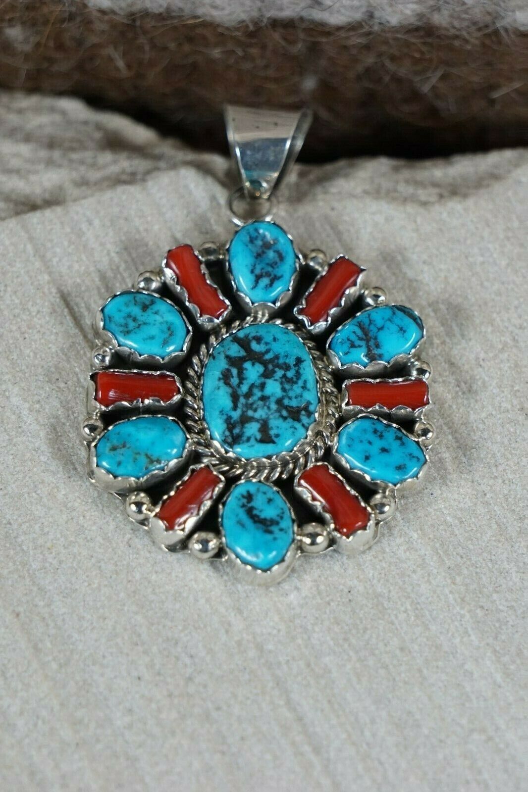 Navajo Turquoise, Coral and Sterling Silver Pendant - Pearlene Spencer - High Lonesome Trading