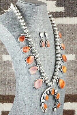 Spiny Oyster & Sterling Silver Squash Blossom and Earrings - Selina Warner