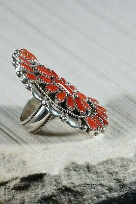 Navajo Coral and Sterling Silver Ring - Justina Wilson - Size 8 - High Lonesome Trading