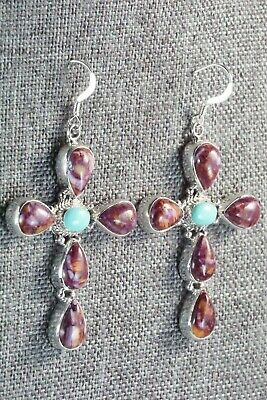 Spiny Oyster, Turquoise & Sterling Silver Cross Earrings - Navajo - High Lonesome Trading
