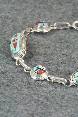 Turquoise, Coral & Sterling Silver Link Bracelet - Patty Edaakie