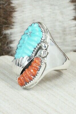 Turquoise, Coral & Sterling Silver Ring - Lyolita Tsattie - Size 13
