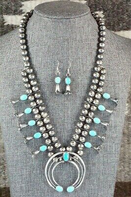Turquoise & Sterling Silver Squash Blossom and Earrings - Leon Kirlie