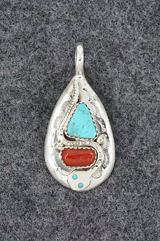 Turquoise, Coral and Sterling Silver Pendant - Joy Calavaza