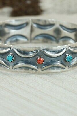 Navajo Turquoise, Coral & Sterling Silver Bangle Cuff - Tim Yazzie