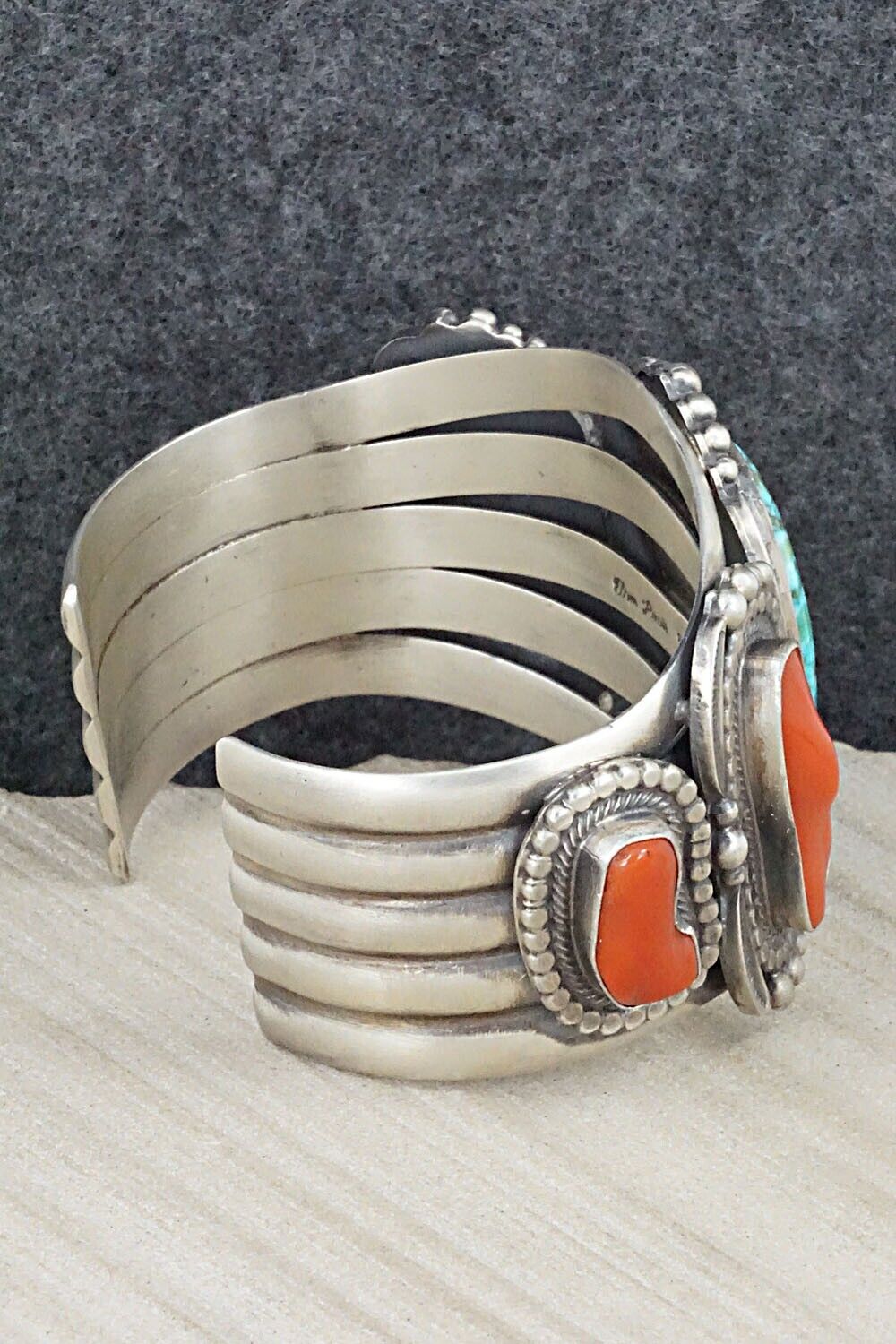 Turquoise, Coral and Sterling Silver Bracelet - Tom Lewis