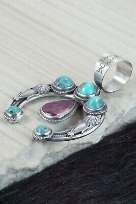 Turquoise, Spiny Oyster & Sterling Silver Pendant - Navajo