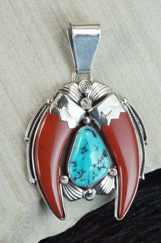 Coral, Turquoise & Sterling Silver Pendant - Navajo