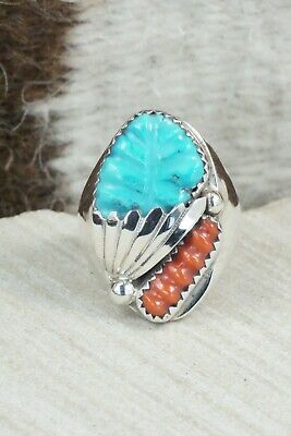 Turquoise, Coral & Sterling Silver Ring - Lyolita Tsattie - Size 8