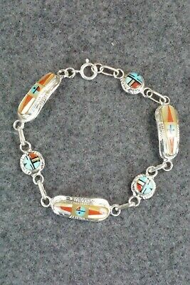 Coral, Mother of Pearl & Sterling Silver Link Bracelet - Patty Edaakie
