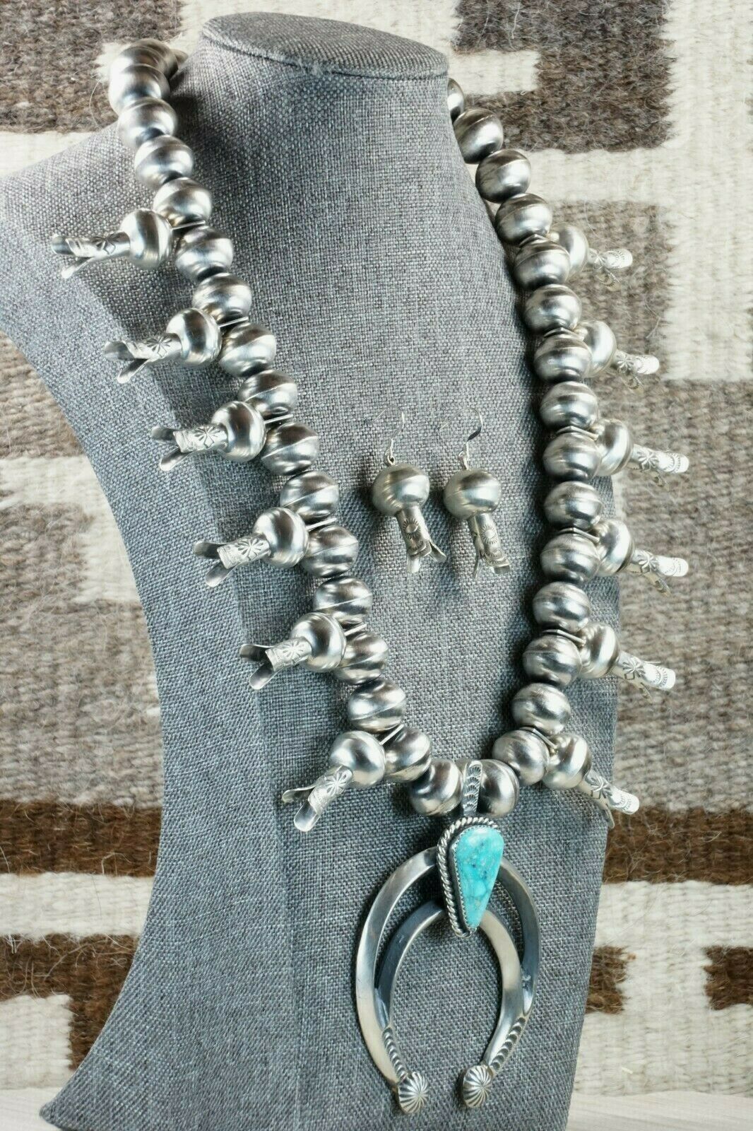 Turquoise & Sterling Silver Squash Blossom & Earrings - Chris Hale