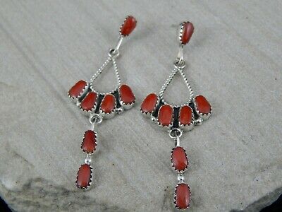 Zuni Coral & Sterling Silver Earrings - Claudine Penketewa - High Lonesome Trading