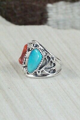 Turquoise, Coral & Sterling Silver Ring - Jeanette Saunders - Size 10.5