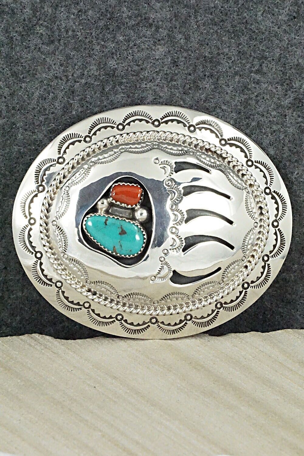 Turquoise, Coral & Sterling Silver Belt Buckle - Wilbert Muskett Sr.