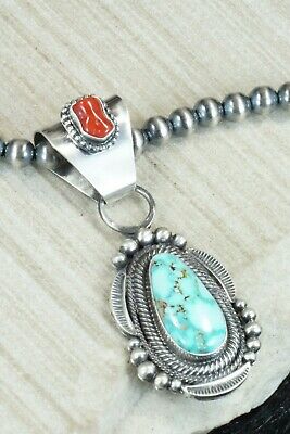 Turquoise, Coral Pendant & Sterling Silver Necklace - Tom Lewis