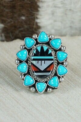 Zuni Inlay Turquoise, Coral and Sterling Silver Ring - Leslie Lamy - Size 6.5