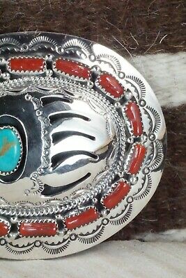 Turquoise, Coral & Sterling Silver Belt Buckle - Wilbert Muskett Sr.
