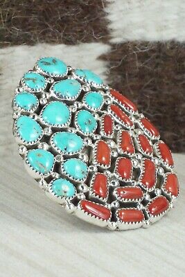 Coral, Turquoise & Sterling Silver Ring - Marlene Haley - Size 5.25