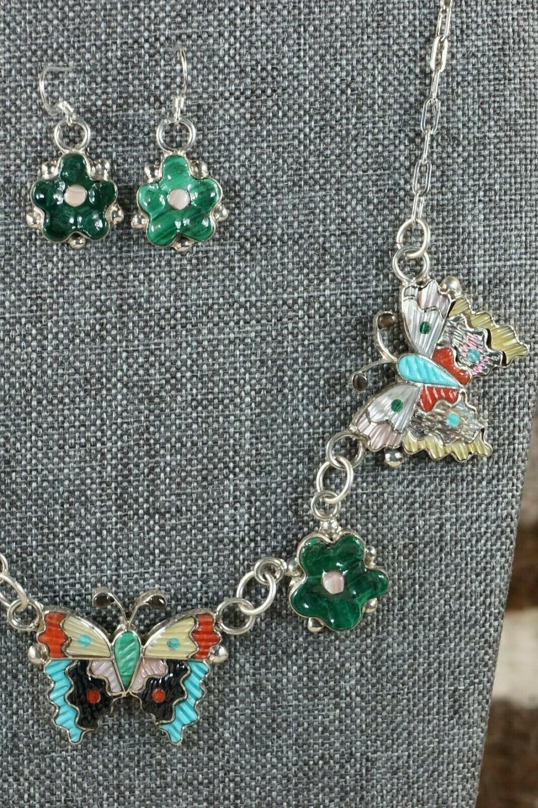 Zuni Inlay Butterfly and Flower Necklace and Earrings - Tamara Pinto - High Lonesome Trading