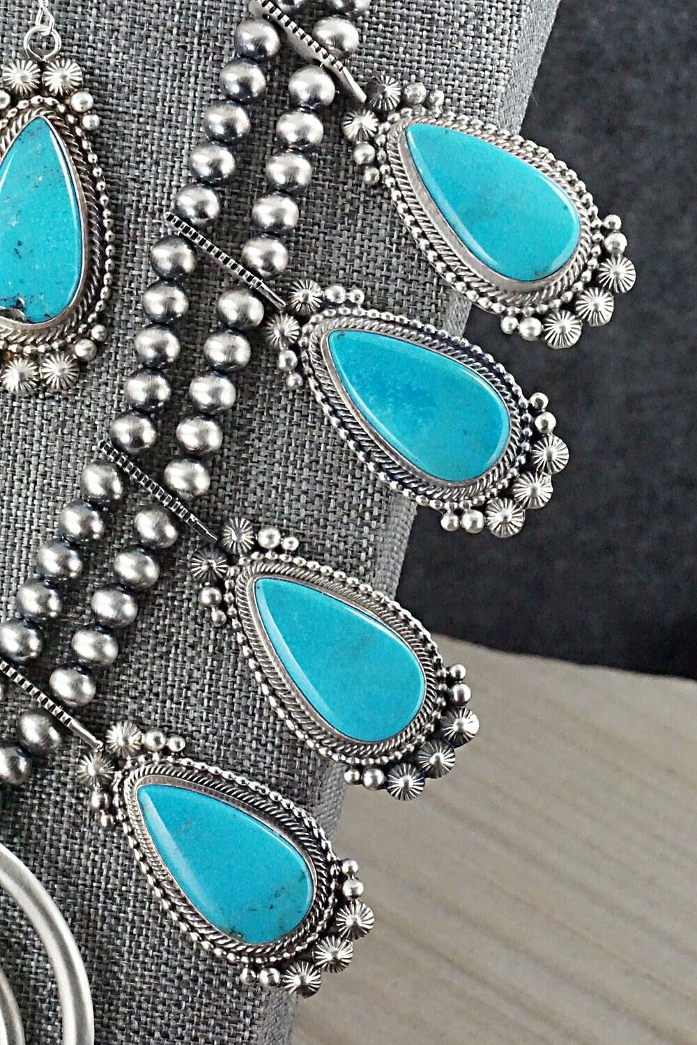 Turquoise, Coral & Sterling Silver Squash Blossom Set - Tom Lewis