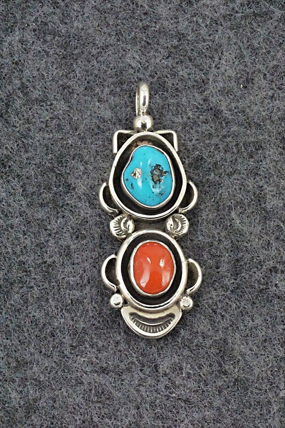 Turquoise, Coral & Sterling Silver Pendant - Roger Lewis