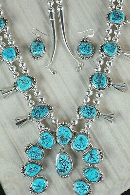 Turquoise & Sterling Silver Squash Blossom & Earrings - Vernon Johnson