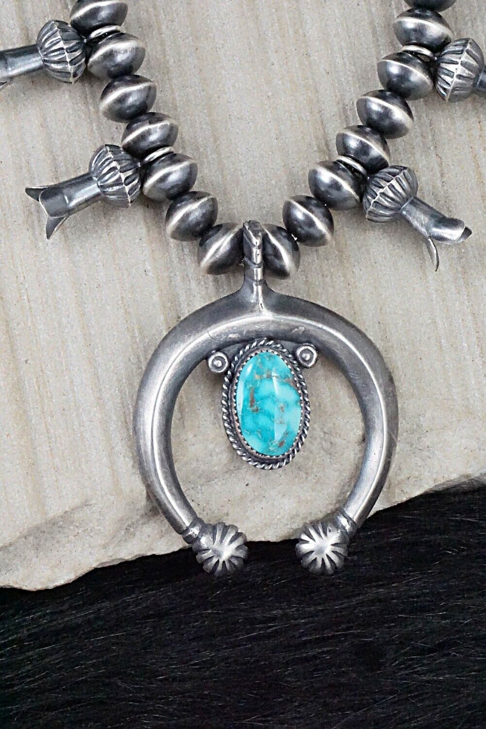 Turquoise & Sterling Silver Navajo Pearl Squash Blossom Necklace - Presley Haley