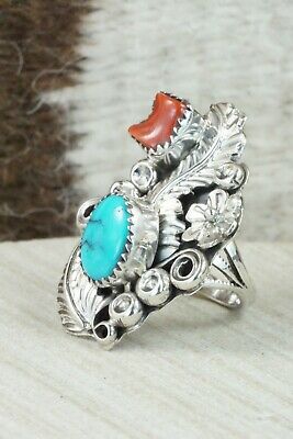 Turquoise, Coral & Sterling Silver Ring - Harry Yazzie - Size 6