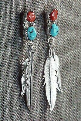 Navajo Turquoise, Coral & Sterling Silver Earrings - Annie Spencer
