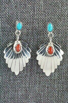 Turquoise, Coral & Sterling Silver Earrings - Genevieve Frank - High Lonesome Trading