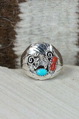 Navajo Turquoise, Coral & Sterling Silver Ring - Grace Smith - Size 12